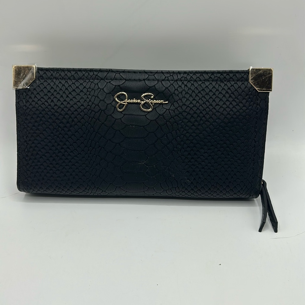 Jessica Simpson Frankie Large Double Gusset Bifold Wallet Snake Black NWOT